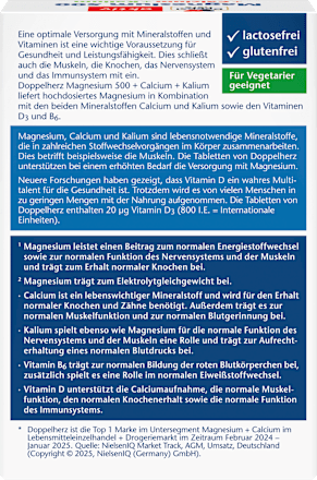 Doppelherz Magnesium 500 + Calcium + Kalium Tabletten 30 St, 69,6 g Voedingssupplement – afbeelding 2