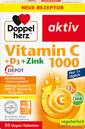 Doppelherz Vitamine C 1000 + D3 + Zink Depot Tabletten 30 St, 42,9 g Voedingssupplement