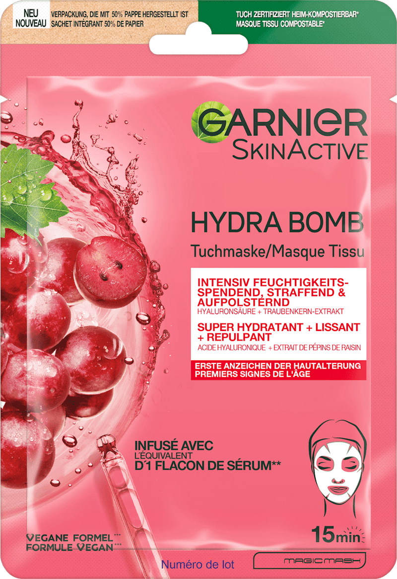 Garnier Skin Active Anti-Aging Hydra Bomb Druif Sheetmasker, 28 g